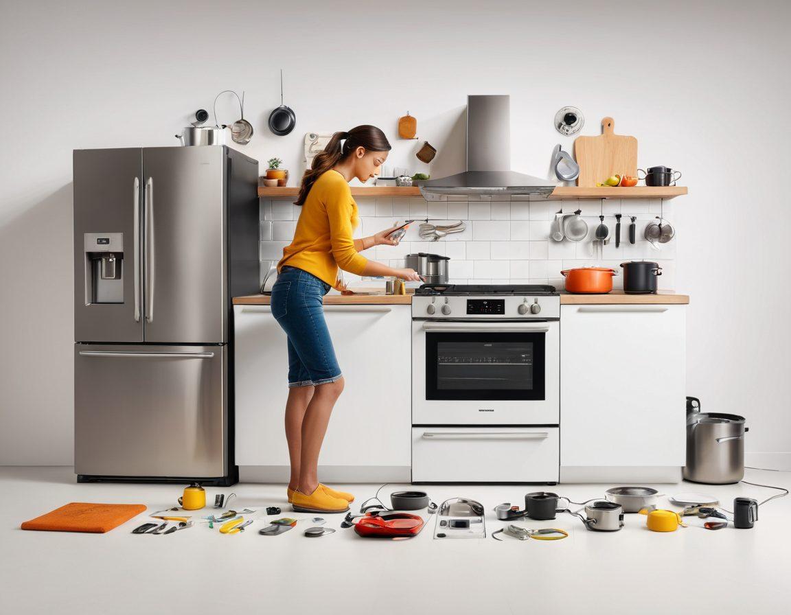 A sleek kitchen showcasing a variety of smart appliances with digital interfaces, surrounded by helpful icons representing installation, maintenance, and repair tips. A person engaged in fixing an appliance, as tools are artfully scattered around. Warm, inviting colors with a modern aesthetic. super-realistic. vibrant colors. white background.