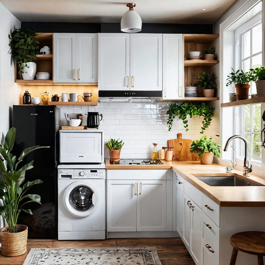 A cozy kitchen scene showcasing various home appliances like a shiny refrigerator, a sleek oven, and a stylish washing machine, all in pristine condition. Include subtle elements such as a sparkling-clean countertop, plants for a touch of life, and an open cookbook with tips visible on the page. Warm lighting to create a welcoming atmosphere. super-realistic. vibrant colors.