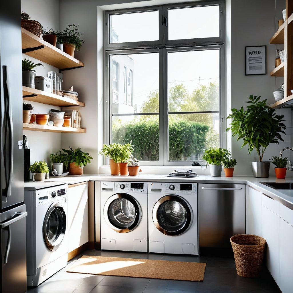A cozy home kitchen with modern high-efficiency appliances, showing a friendly technician inspecting a washing machine, surrounded by tools and maintenance manuals. Bright sunlight streams through a window, reflecting off the stainless steel appliances, highlighting their sleek design. In the background, a plant adds a touch of warmth and liveliness to the scene. super-realistic. vibrant colors. warm atmosphere.